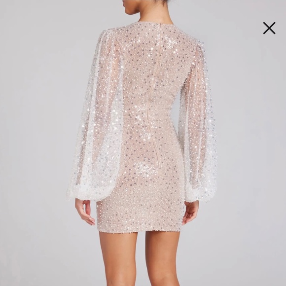 NWT NADINE MERABI WHITE SILVER SEQUIN BEADED BALLOON LONG SLEEVE MAYA DRESS